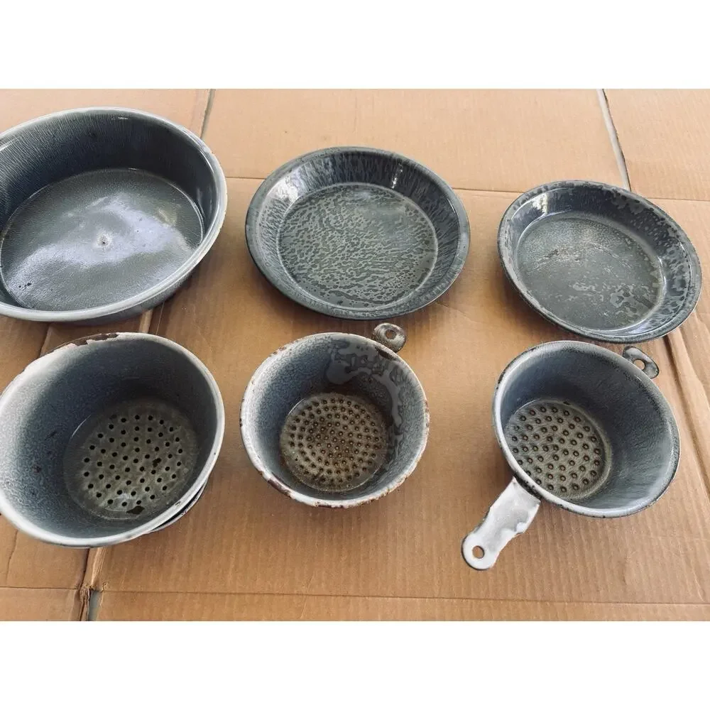 Vintage Gray Swirl Speckled Graniteware Enamelware Pie Pans Colanders Lot 6